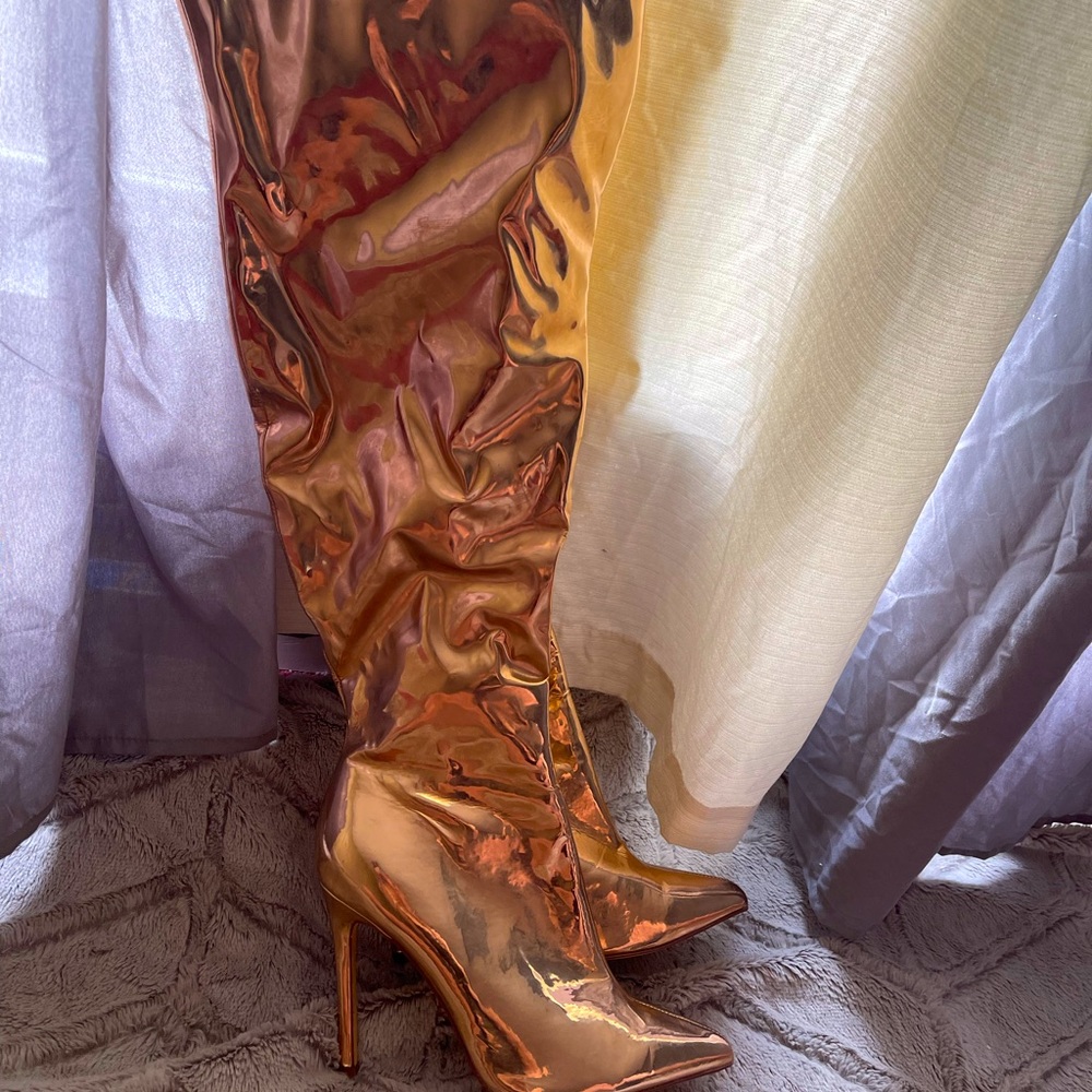 Rose gold thigh high boots
